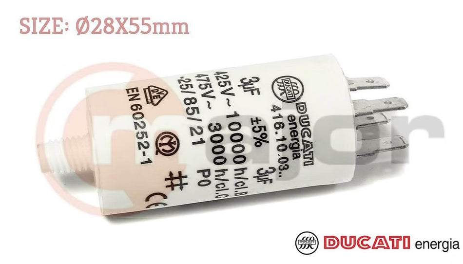 GENUINE DUCATI 3µF Plastic Motor Run Capacitor - Ø28mmx55mm