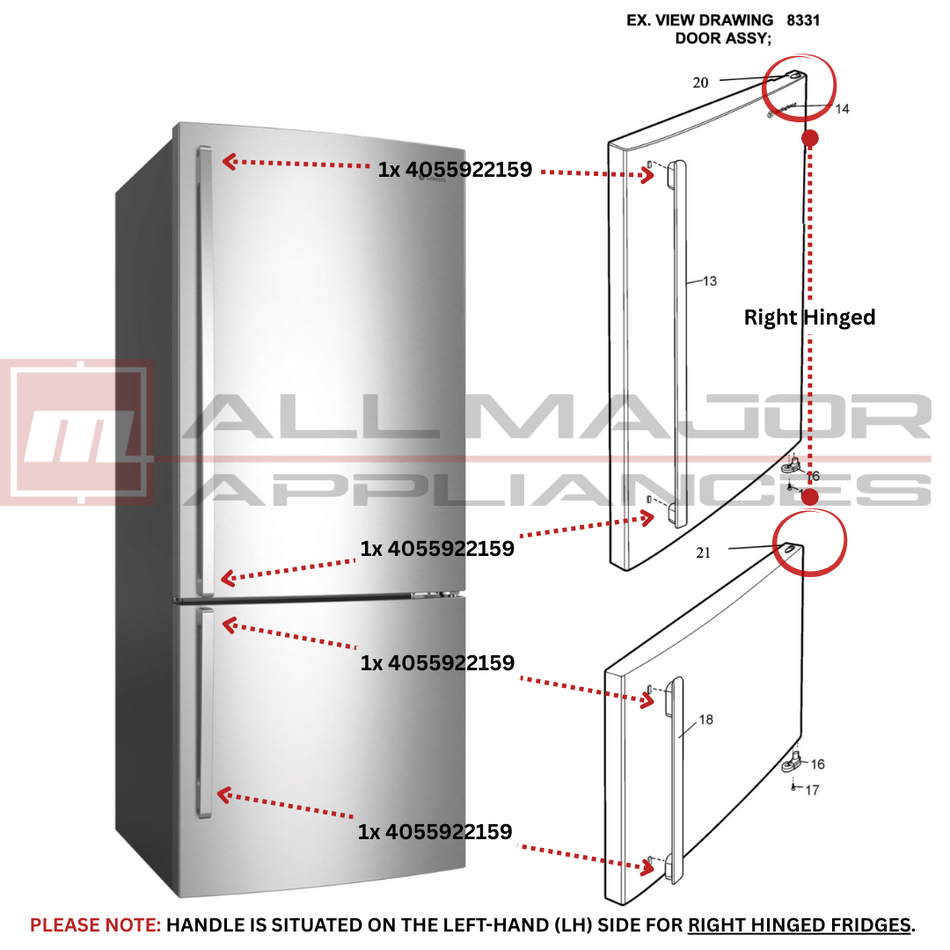 4055922159 GENUINE WESTINGHOUSE Fridge & Freezer Right-Hand Door Pedestal Kit (4pcs)